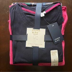 Crown & Ivy Navy/Pink 3 Piece Pajama Set Super Soft Rib, Size S, NWT